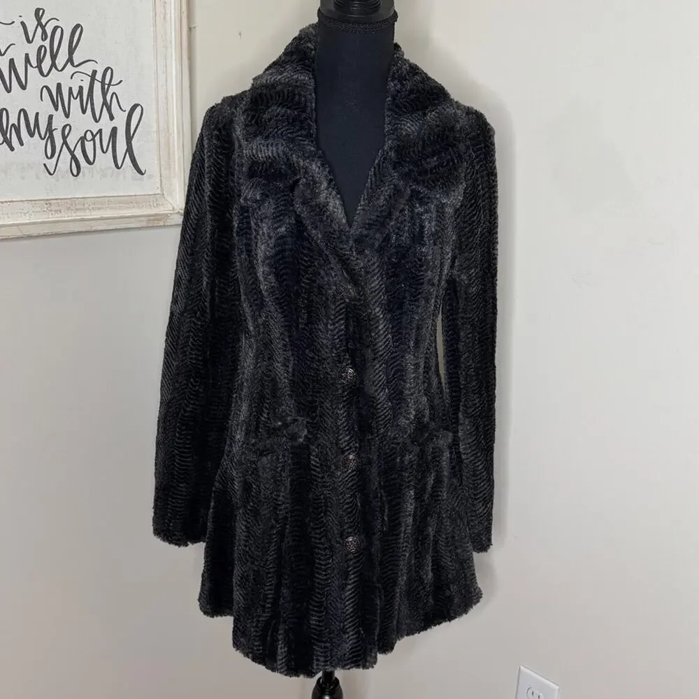 Free People Faux Fur Herringbone Swing Pea Coat Gray Black Rare Size 4